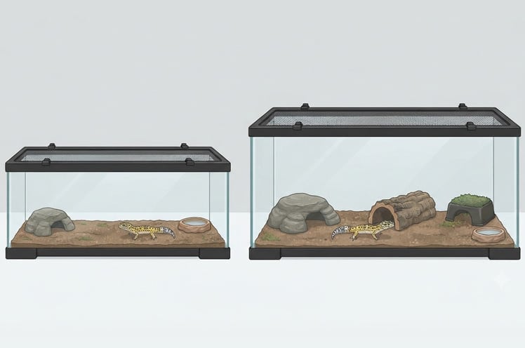 Side-by-side comparison of a 20-gallon leopard gecko tank next to a larger 36x18x18 inch enclosure