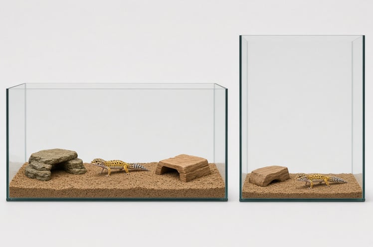 Comparison of a long, low leopard gecko terrarium next to a tall, narrow tank of similar volume
